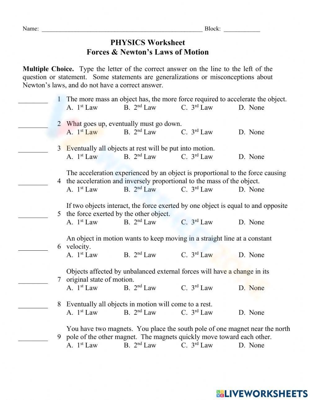 Newtons Laws Of Motion Worksheet Worksheets Library
