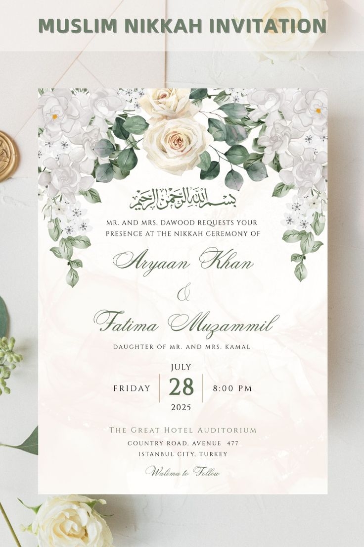 Nikkah Invitation Template Islamic Wedding Invitation Green Floral