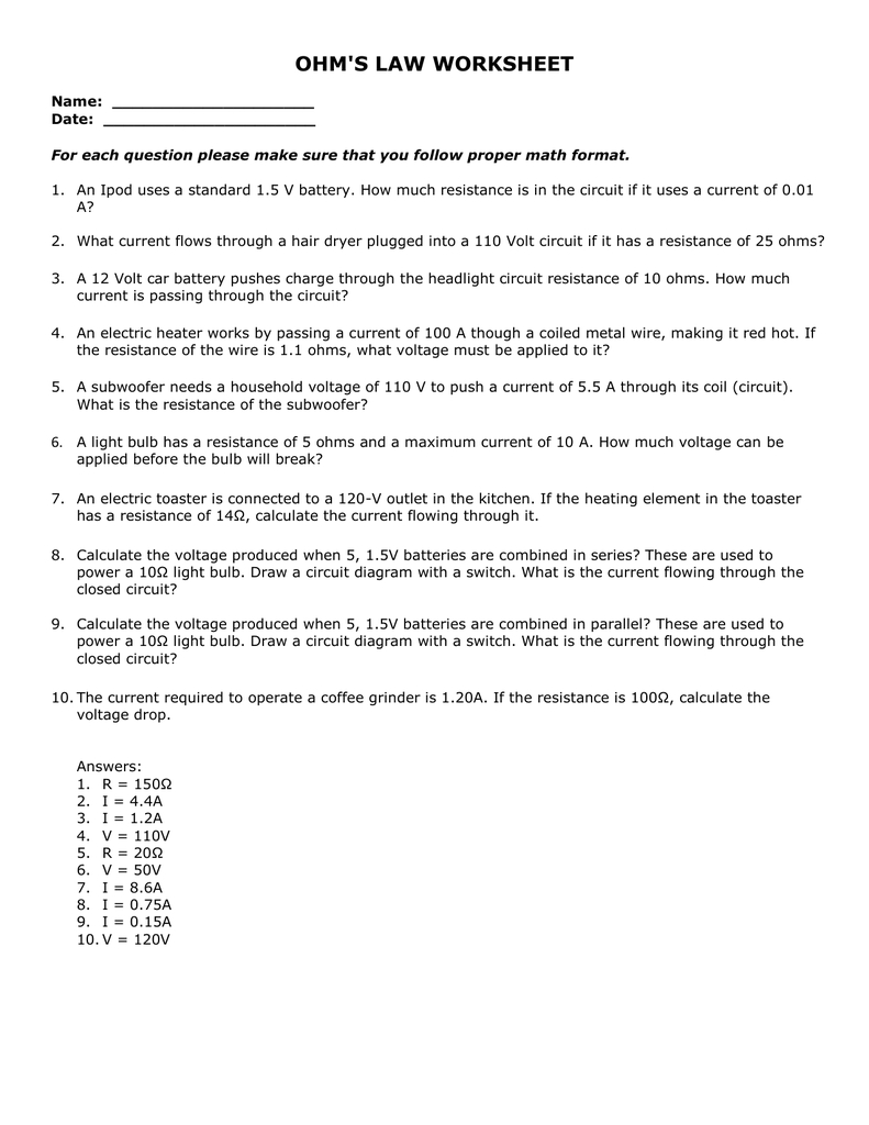 ohms law worksheet