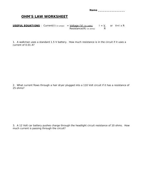 OHMS LAW WORKSHEET Worksheets Library
