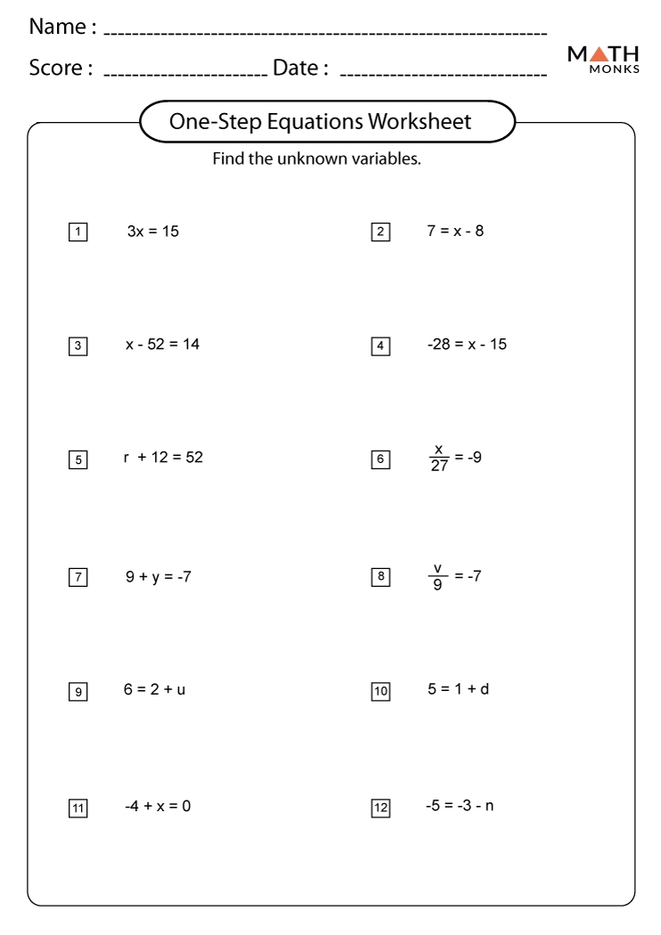 one-step equations worksheets pdf
