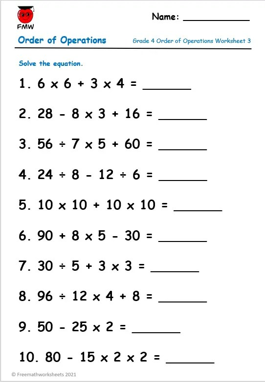 orders of operations worksheet