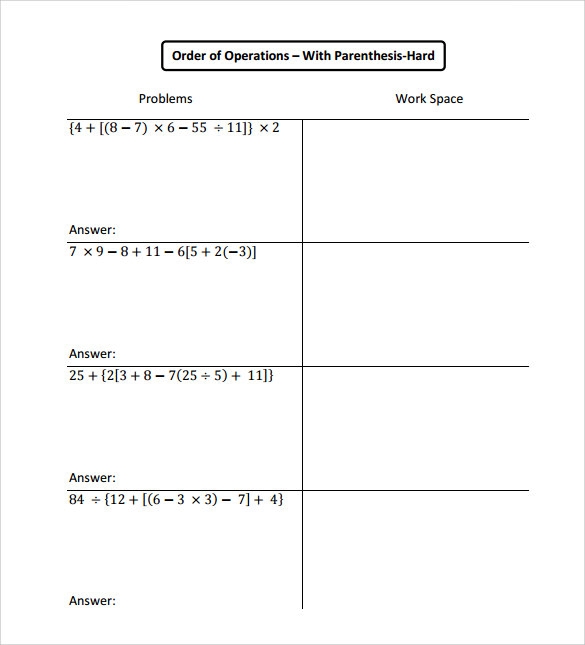 Order Of Operation Worksheets