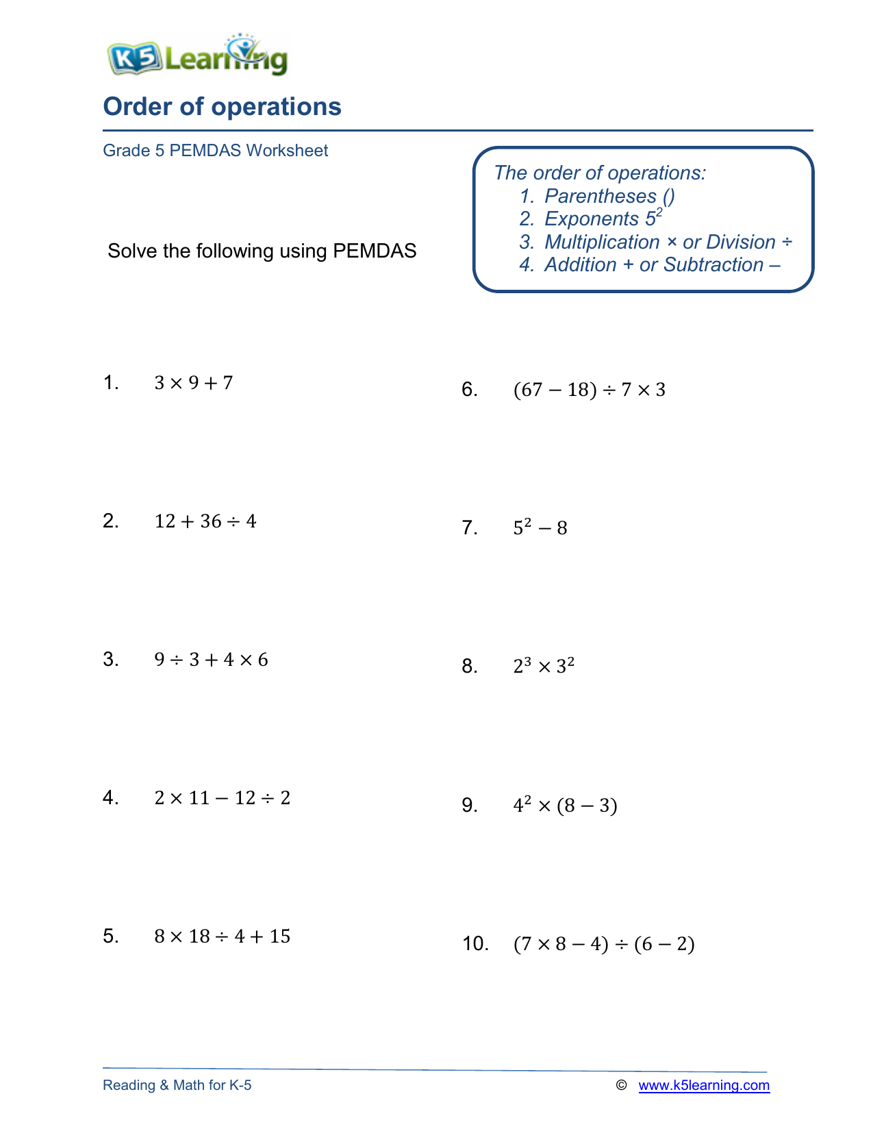 order operations worksheet