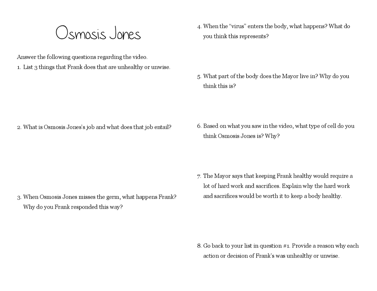 osmosis jones worksheet
