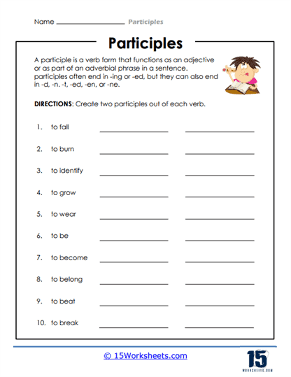 participle worksheets for kids