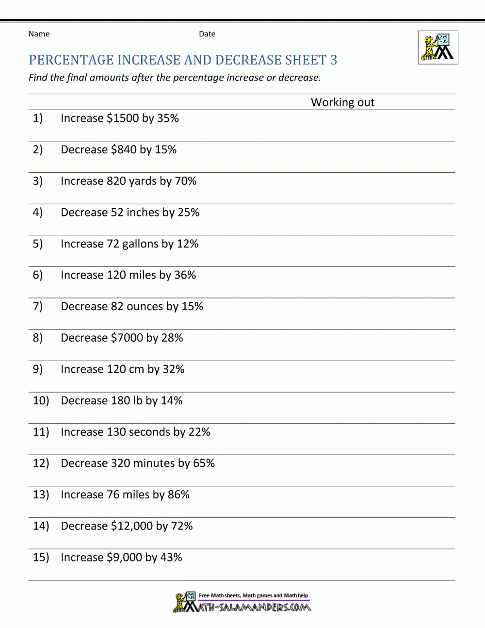 Percentage Increase And Decrease Worksheets Worksheets Library