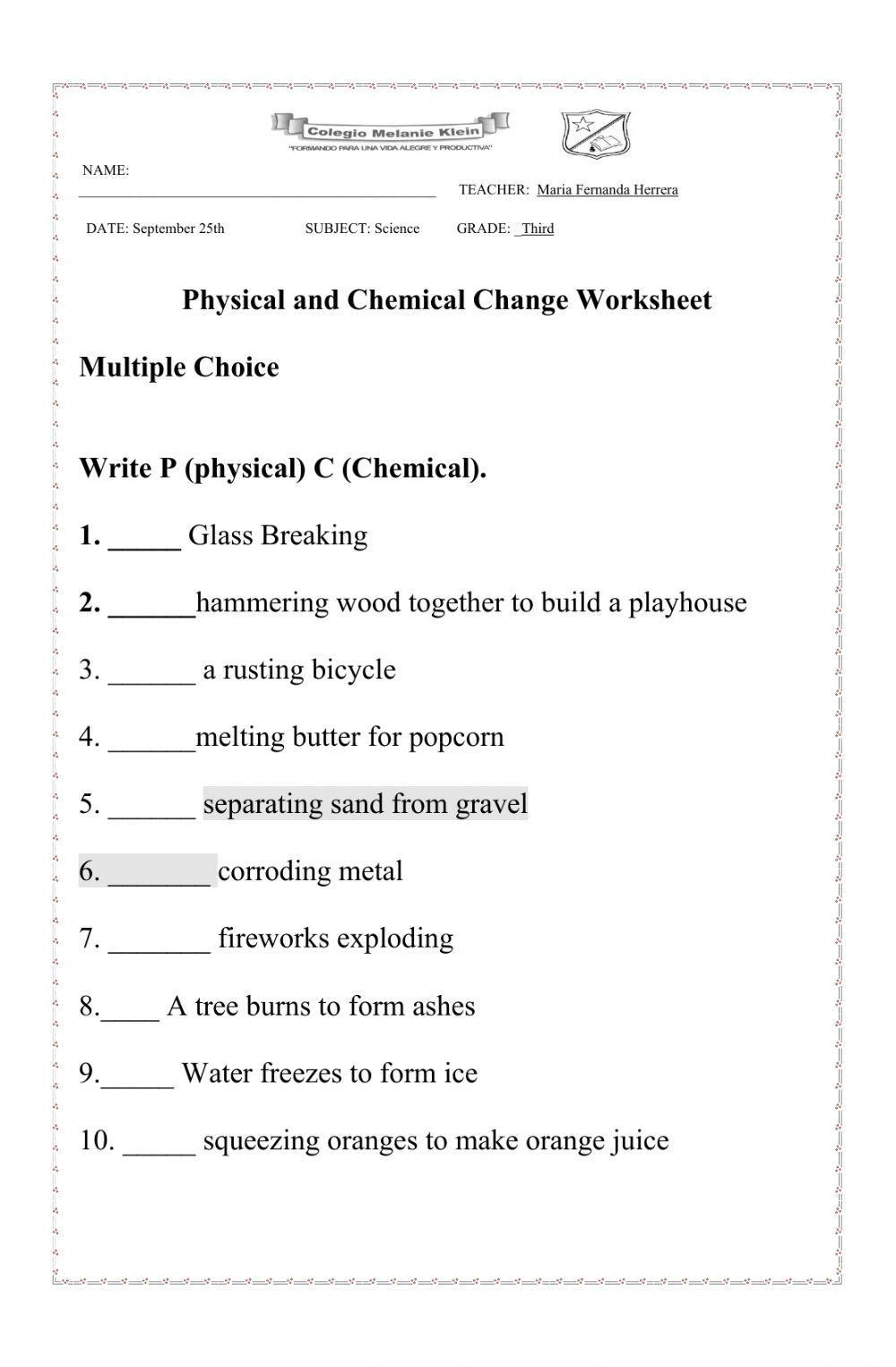 Physical And Chemical Change Worksheet Worksheets Library
