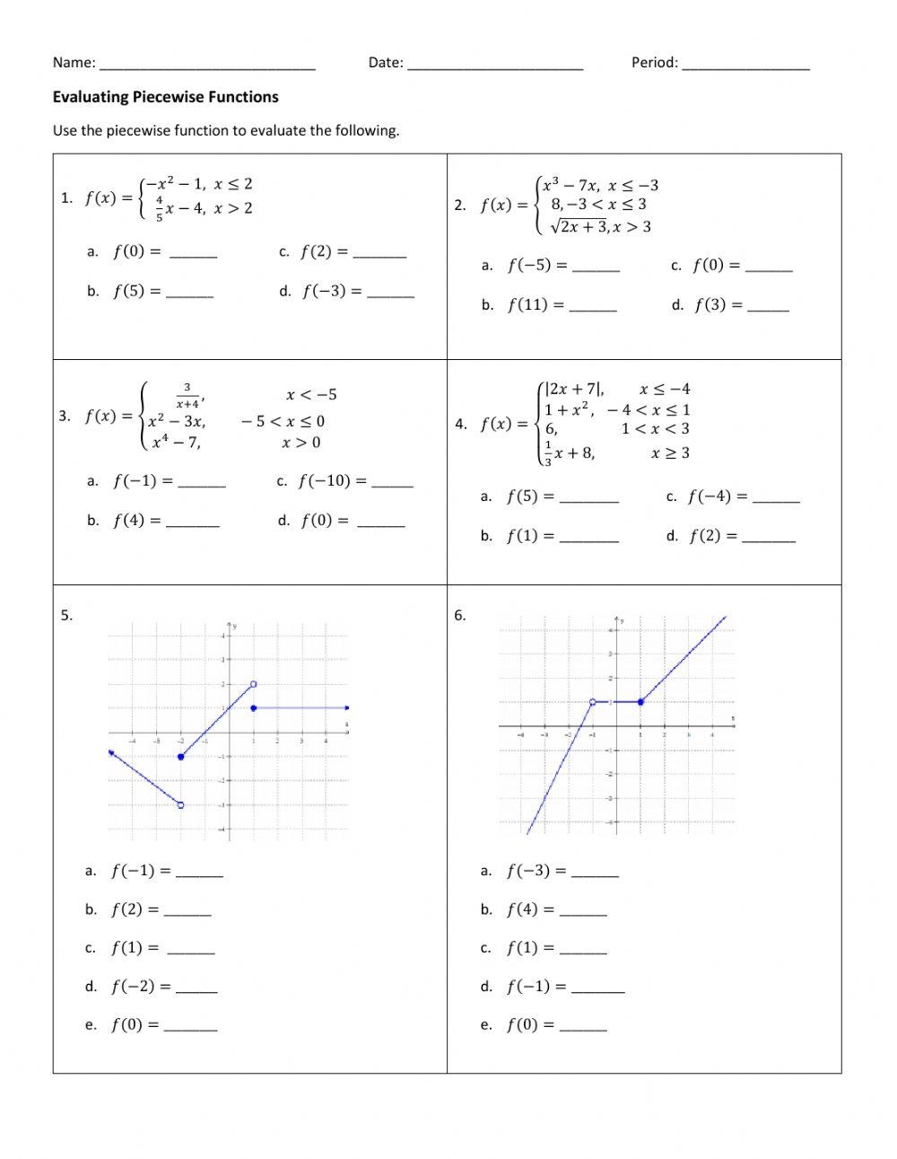 piecewise defined functions worksheet