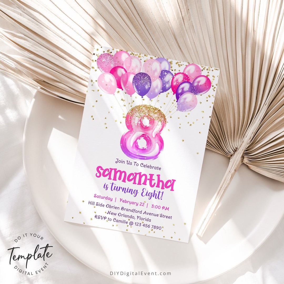 Pink 8th Birthday Invite Template Glittery Purple Pink Balloons Eighth 