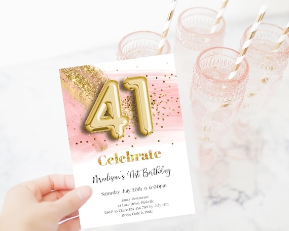 Printable 41st Birthday Invitation Editable Pink Gold Glitter Etsy