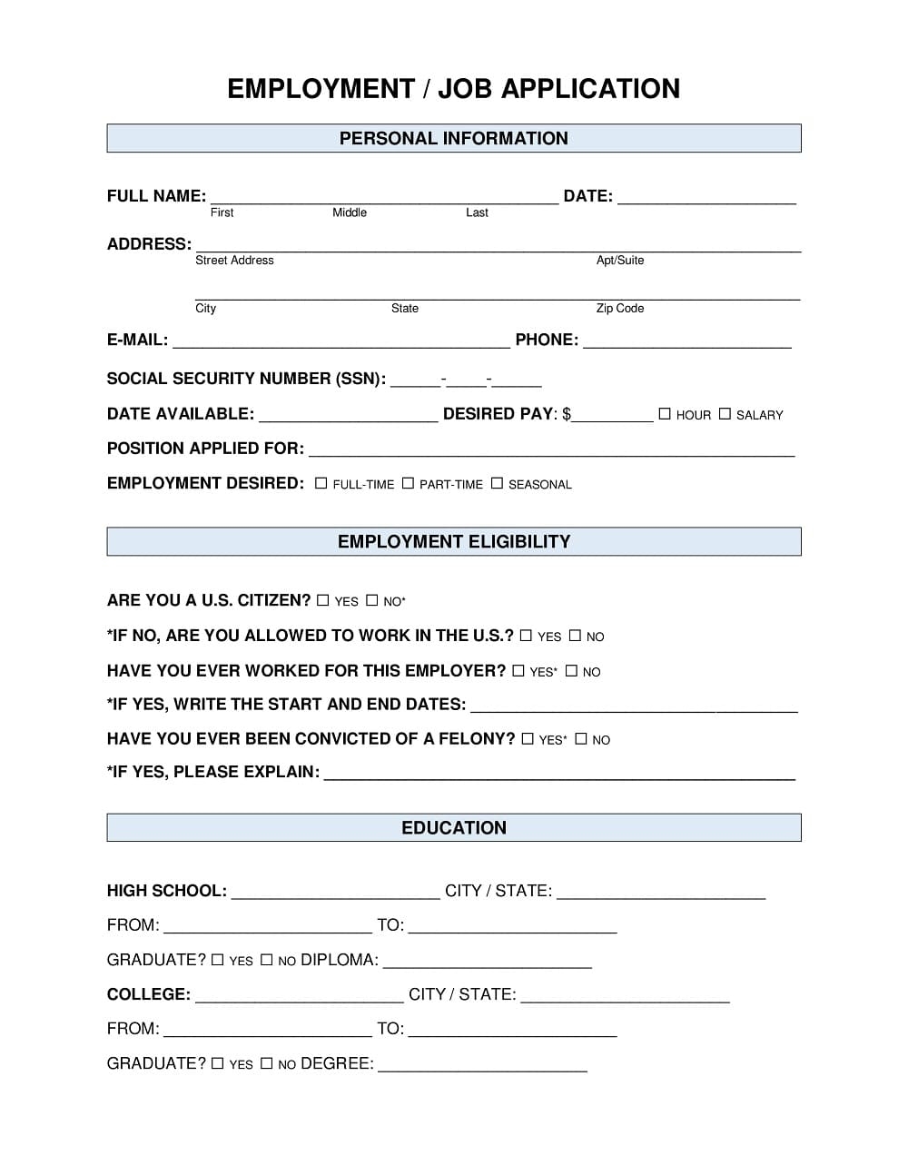 Printable Job Application Template Free Free Download And Print For You
