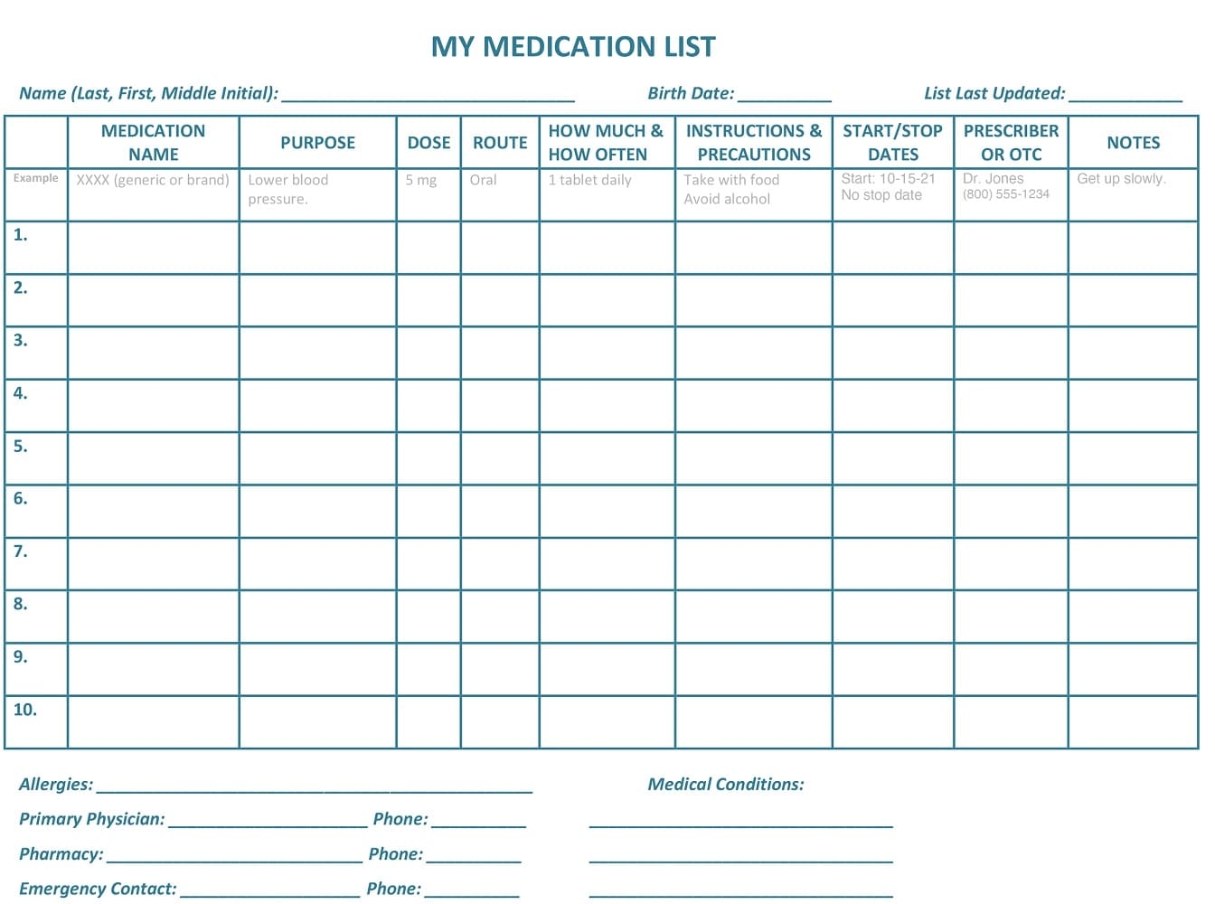 Printable Medication List Template Free Picture Free Download And 