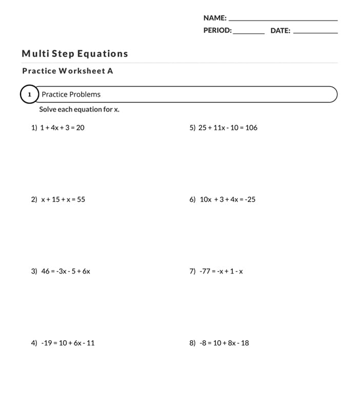 multi step equation worksheet