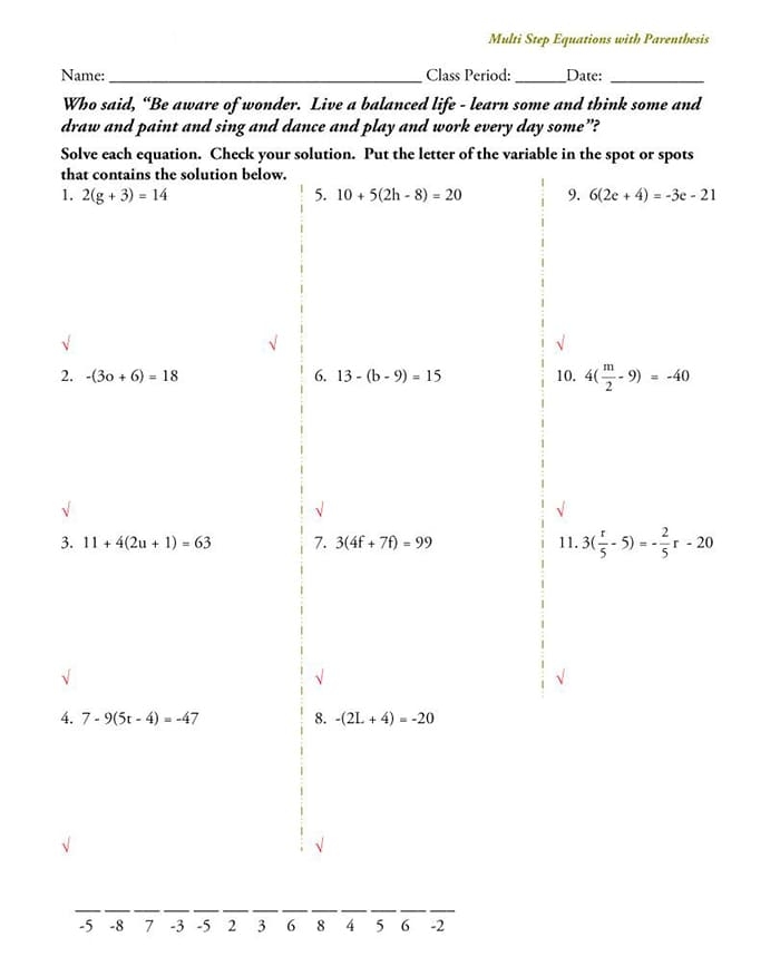 Printable Multi Step Equation Worksheet Quiz Free Download And Print 