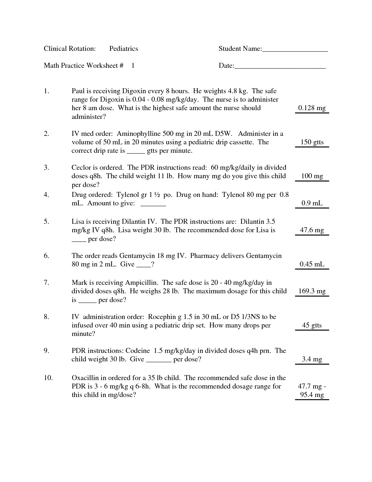 Printable Nursing Dosage Calculation Practice Worksheets Printable