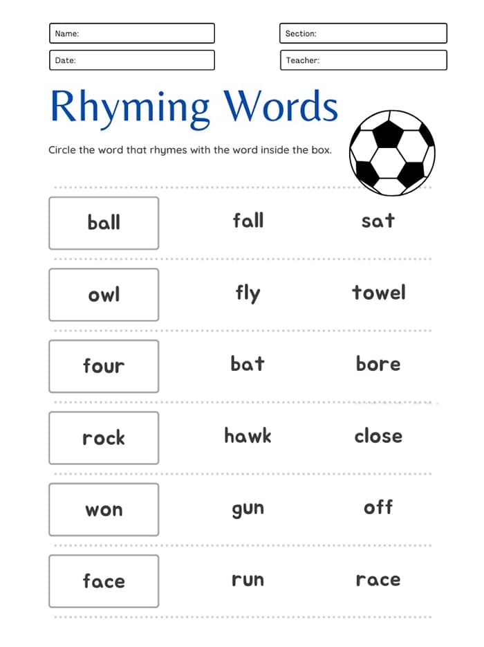 Printable Rhyming Words Worksheet Class 1 Free Download And Print For