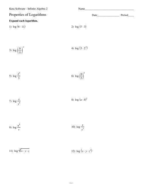 Properties Of Logarithms Kuta Software Worksheets Library