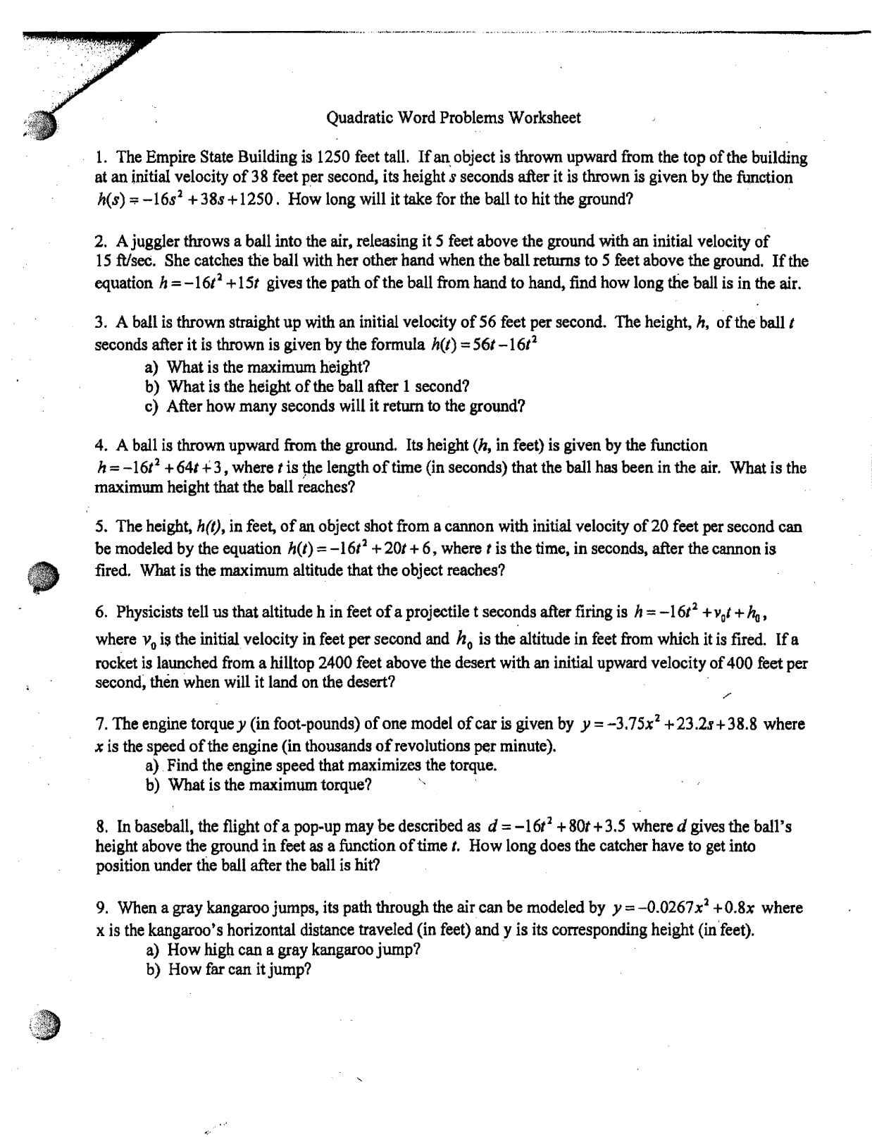 Quadratic Equations Word Problems Worksheet Pdf Quadraticworksheet