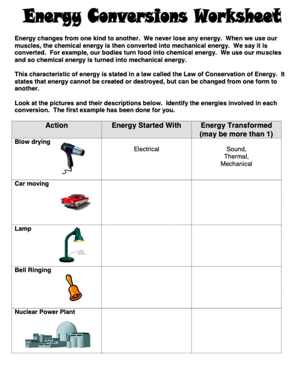 energy conversion worksheet