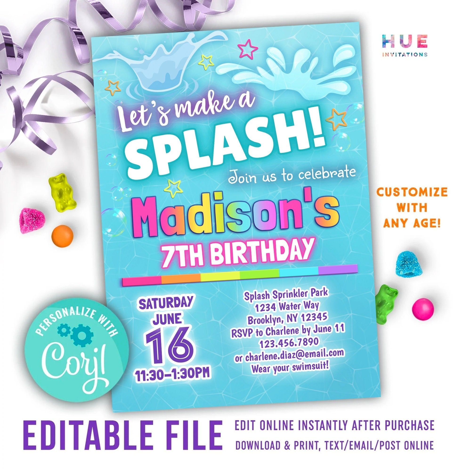quot Let 39 s Make A Splash Edit Your Own Girls Rainbow Splash Pad Birthday
