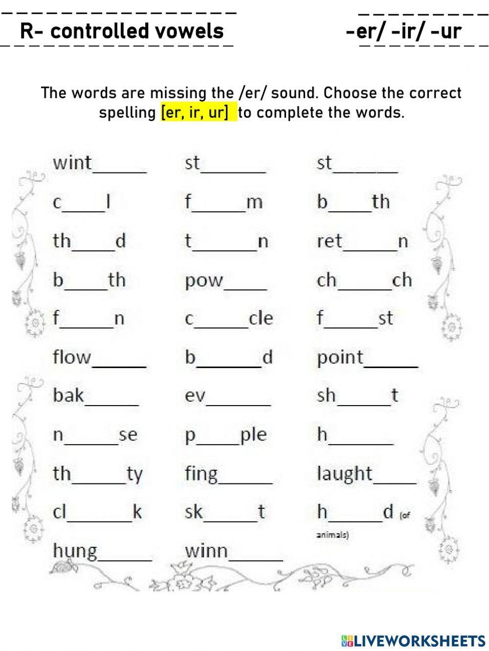 r controlled vowels or worksheets
