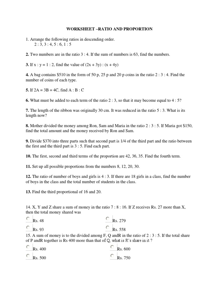 Ratio And Proportion Worksheet PDF Ratio Teaching Mathematics
