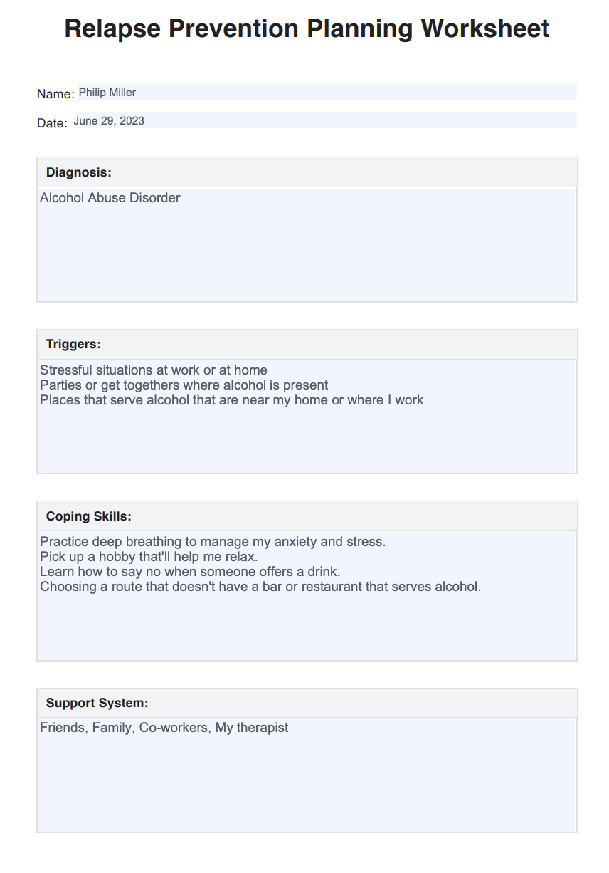printable relapse prevention plan worksheet pdf