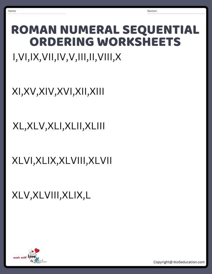 Roman Numeral Sequential Ordering Worksheets Roman Numeral Worksheet 1