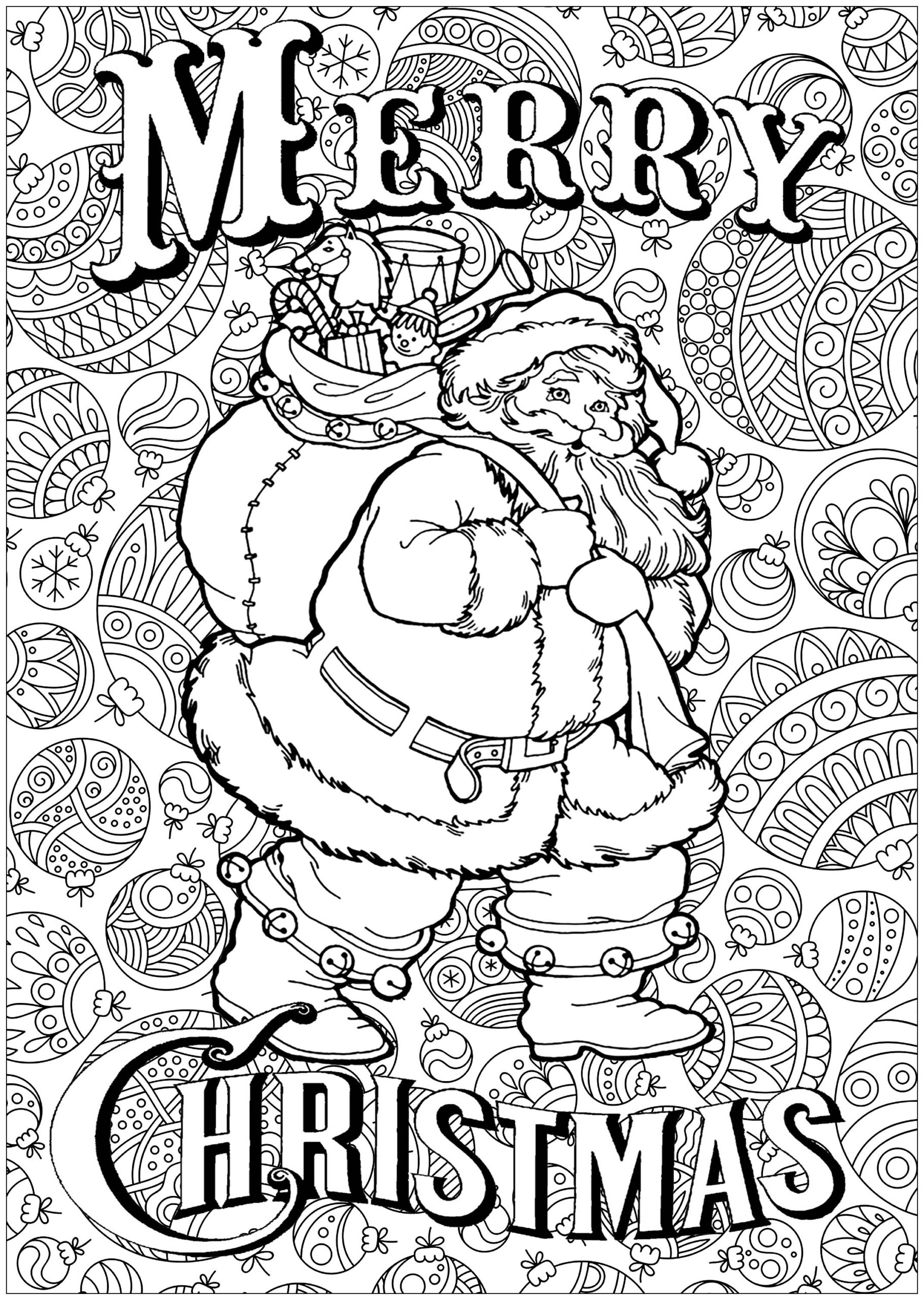 Santa Claus With Text And Background Christmas Adult Coloring Pages