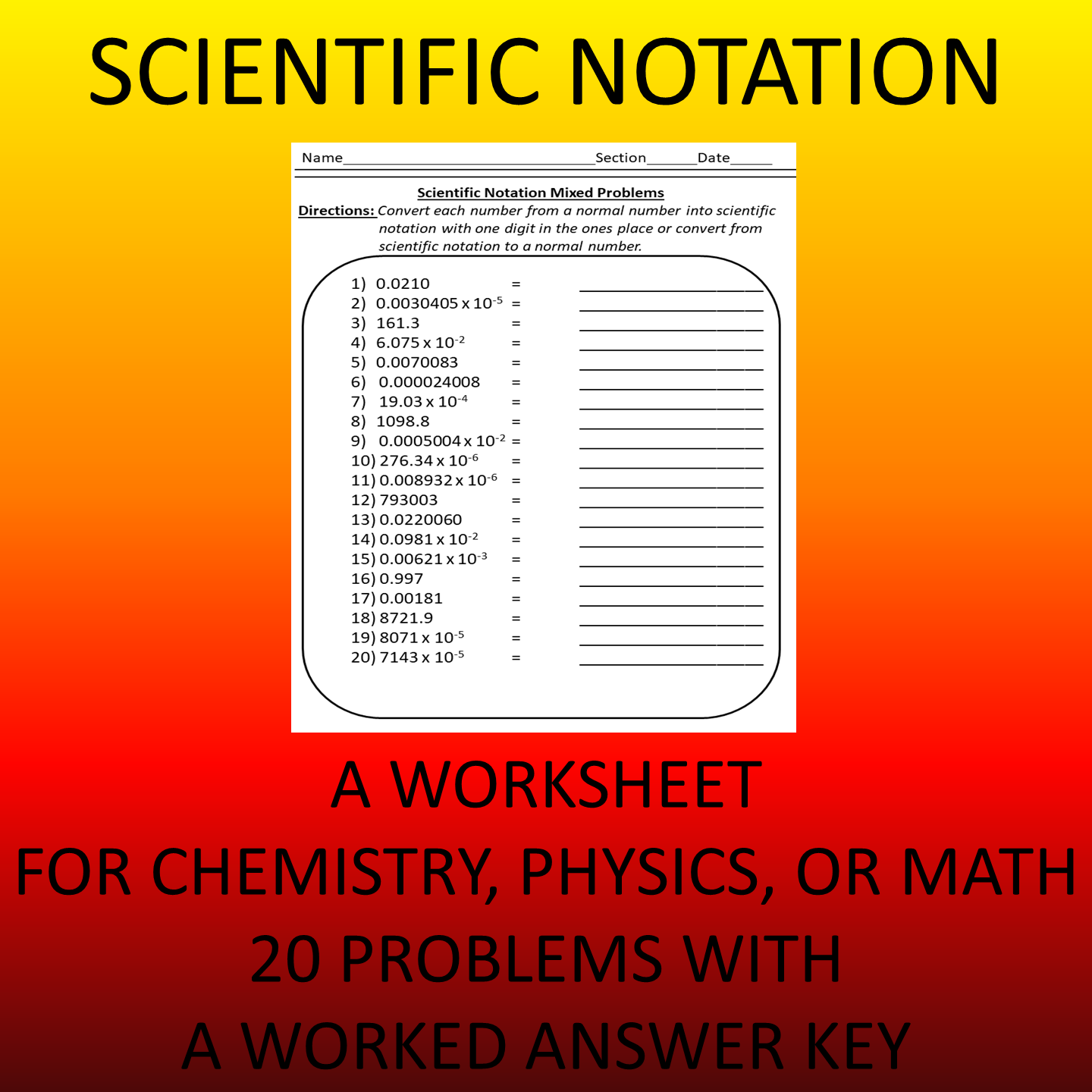 Scientific Notation Worksheet With 20 Problems Made By Teachers 