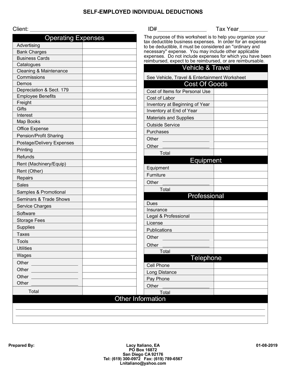 Self Employed Business Deduction Worksheet Italiano Tax