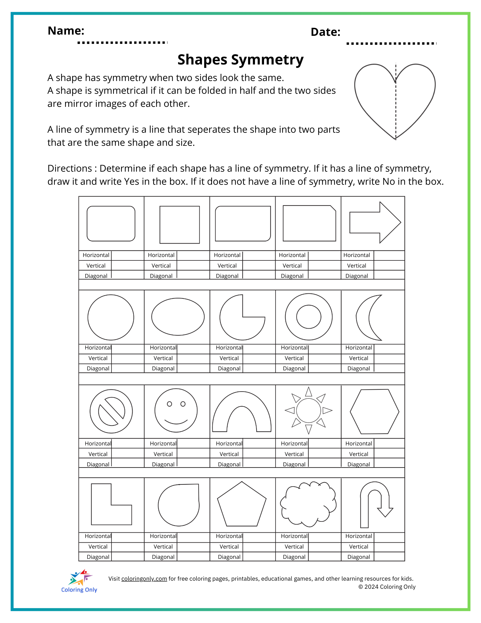 Shapes Symmetry Free Printable Worksheet