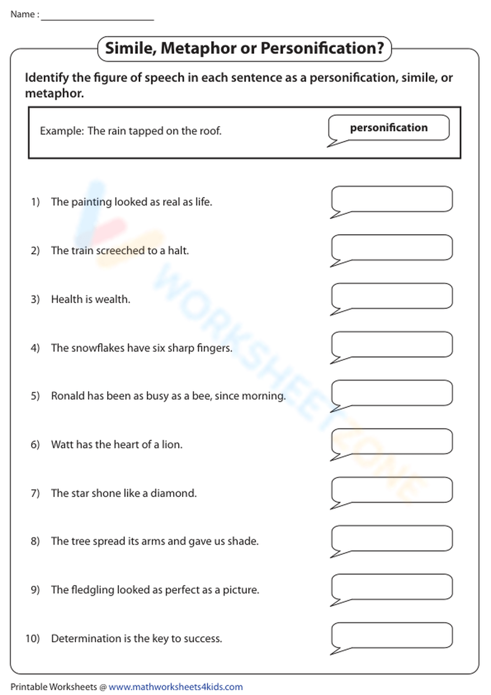 simile worksheet