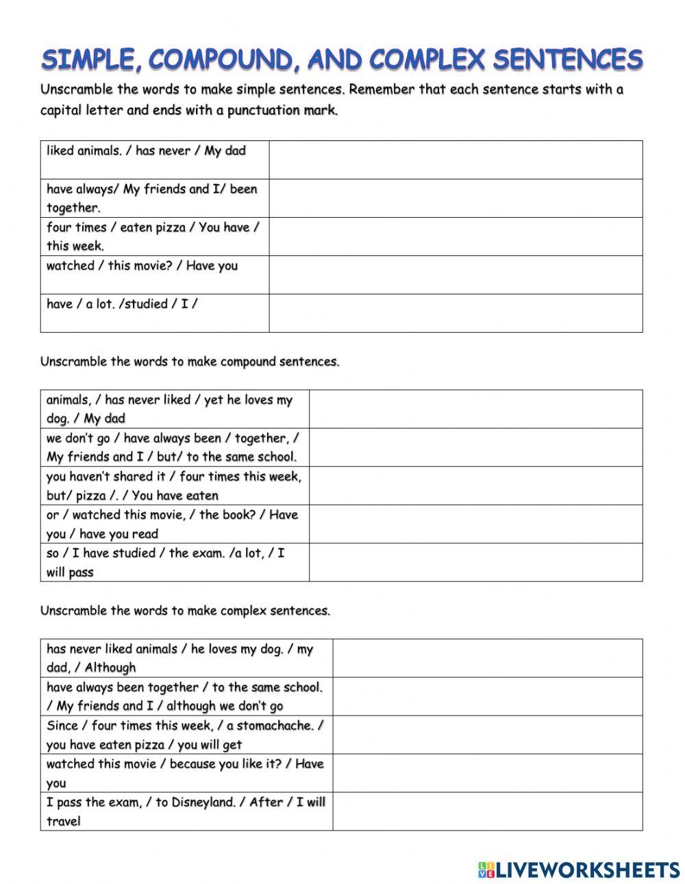 simple and compound sentences worksheet