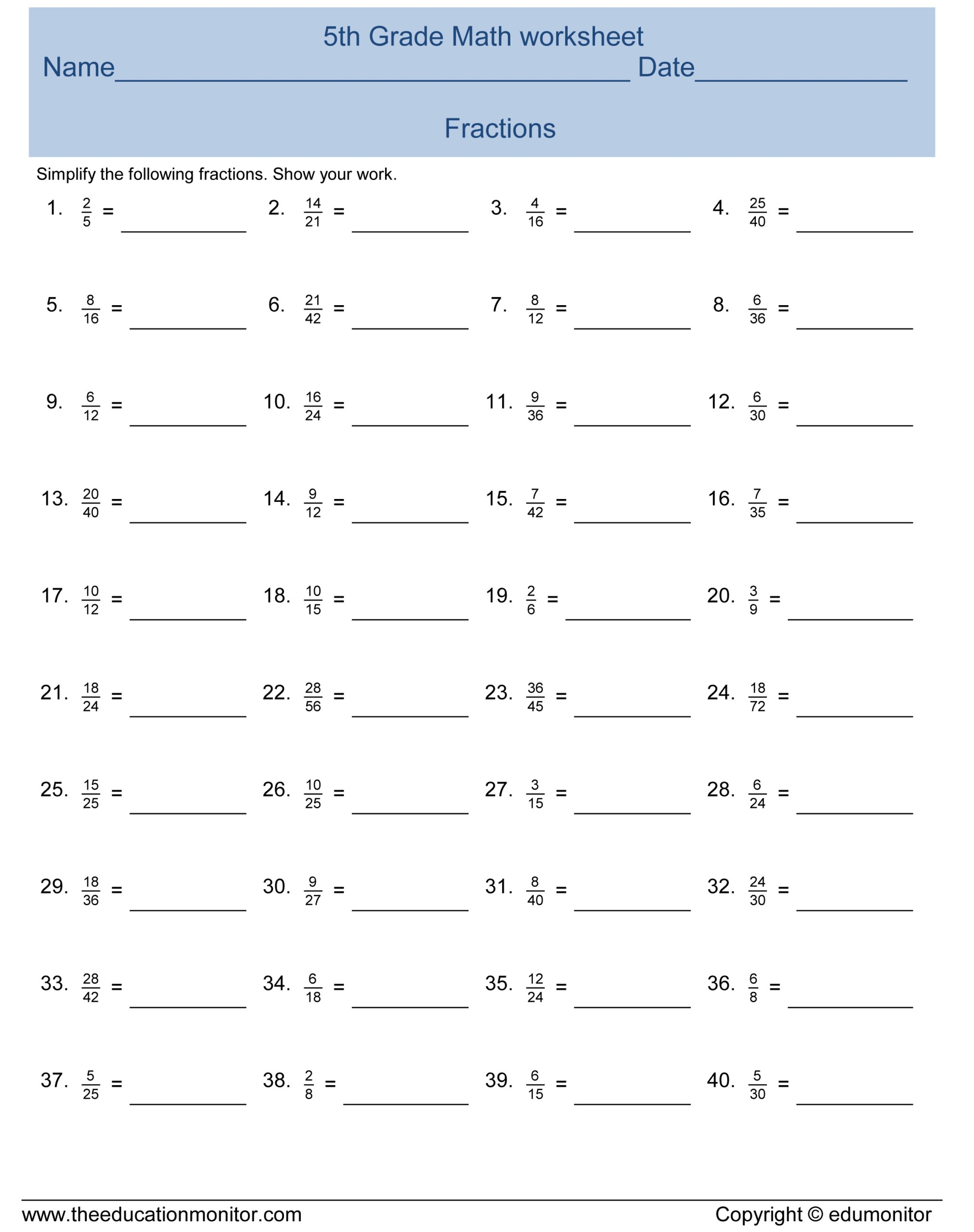 Simplifying Fractions Word Problems Worksheets 5th Grade