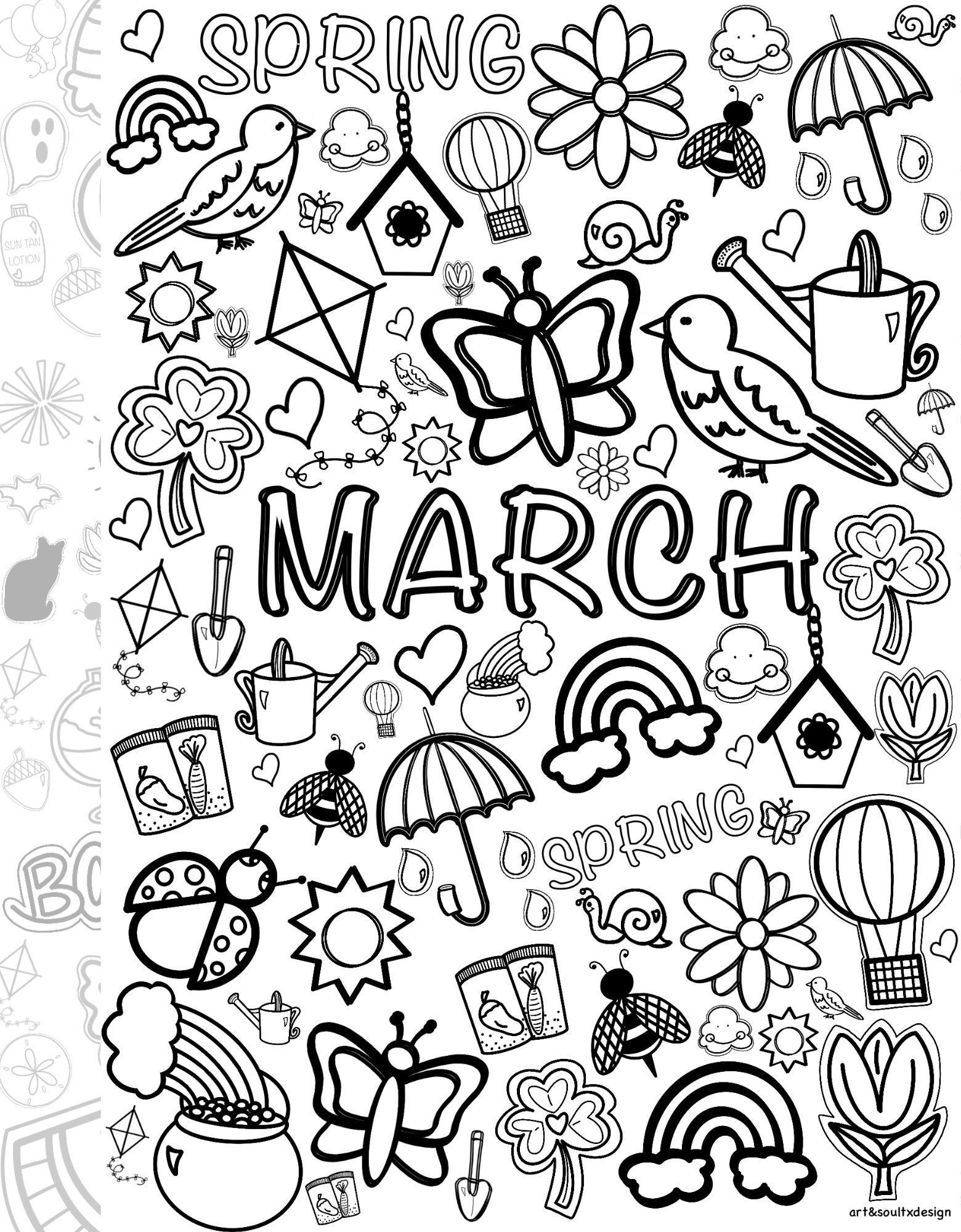 Spring Hand drawn Coloring Pages March April May 2023 Spring 
