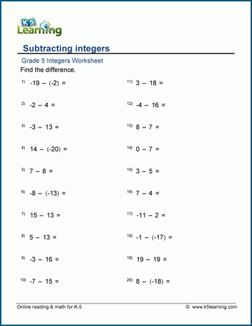 adding and subtracting directed numbers worksheet
