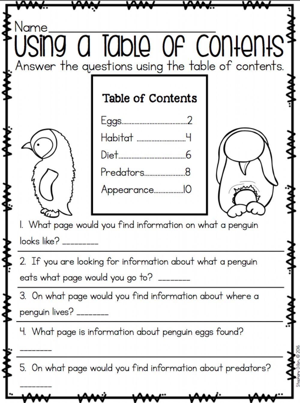 printable table of contents worksheet pdf
