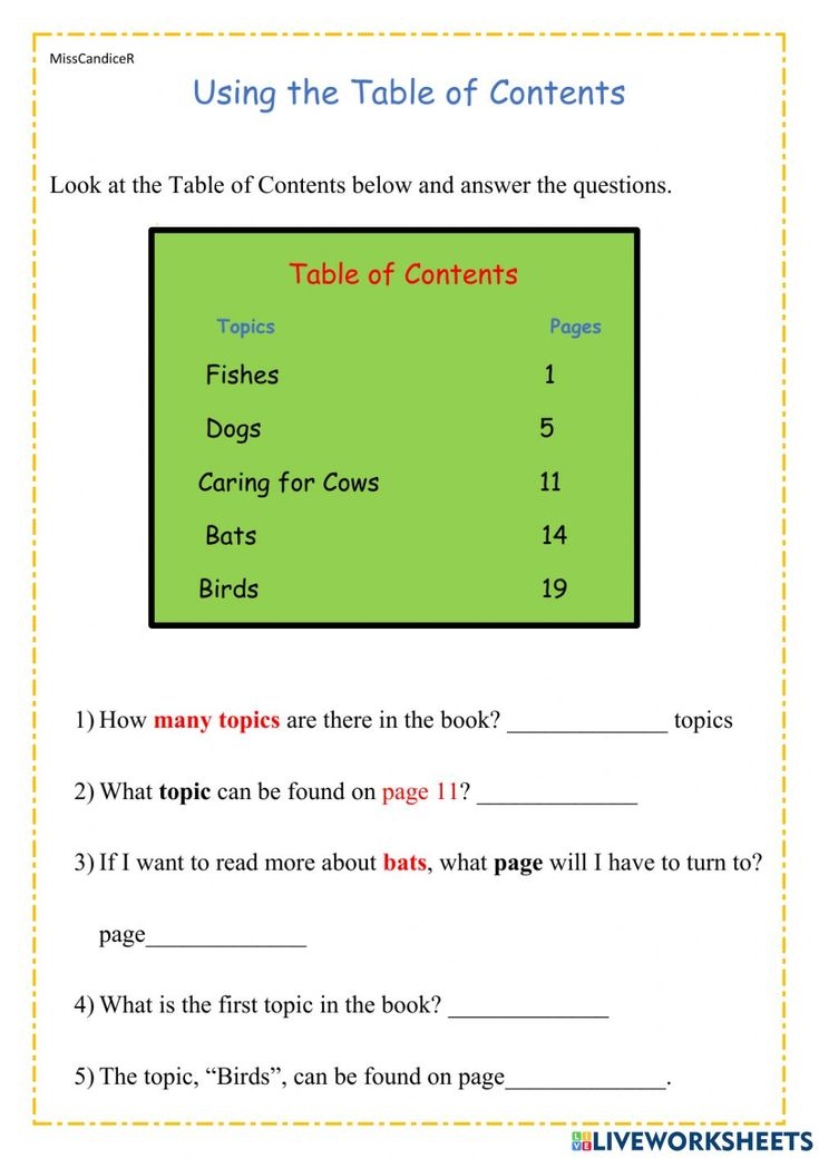Table Of Contents Worksheet For Interactive Learning