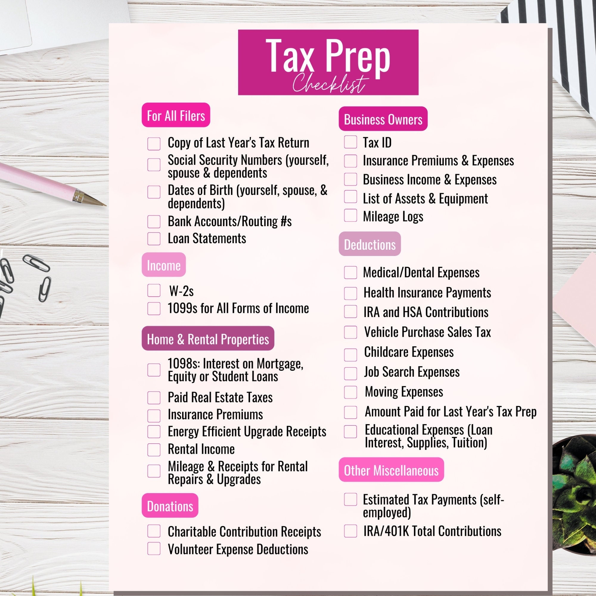 Tax Prep Checklist Tracker Printable Tax Prep 2023 Tax Checklist Tax 