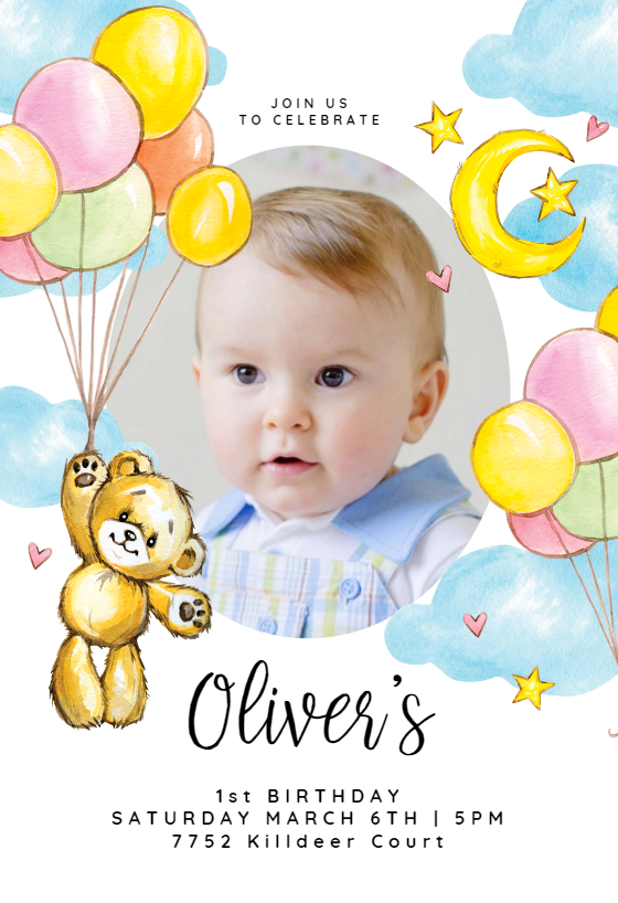 Teddy Bear Balloons Birthday Invitation invitations printable 