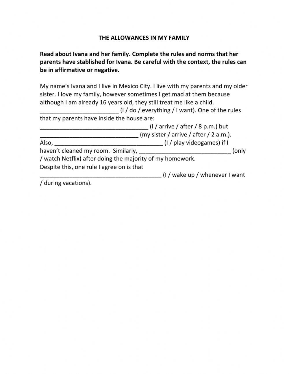 The Allowances In My Family Worksheet Live Worksheets Worksheets