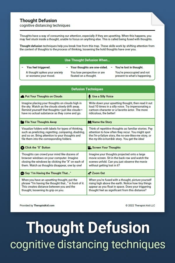 Thought Defusion Cognitive Distancing Techniques Worksheet