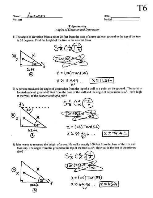 angle of elevation and depression worksheet
