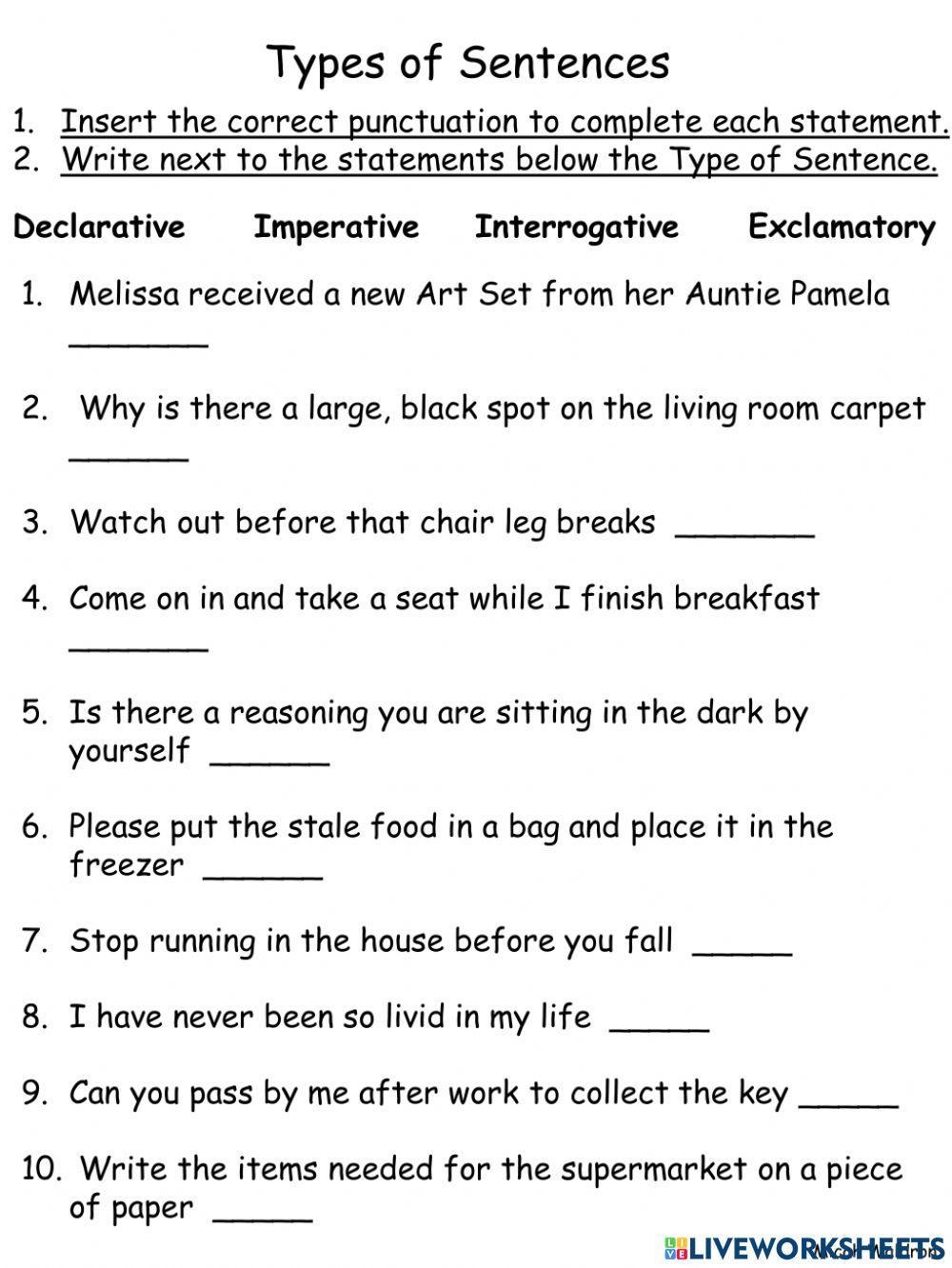 kinds of sentences worksheet