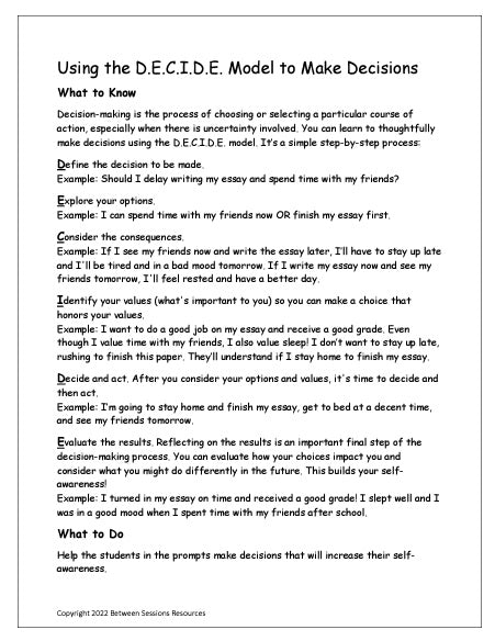 Using The D E C I D E Model To Make Decisions Worksheet teens 