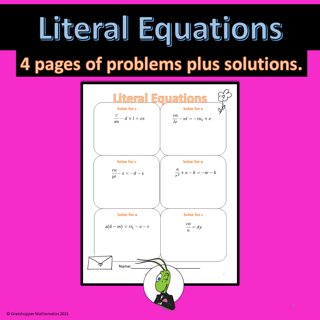 literal equation worksheet