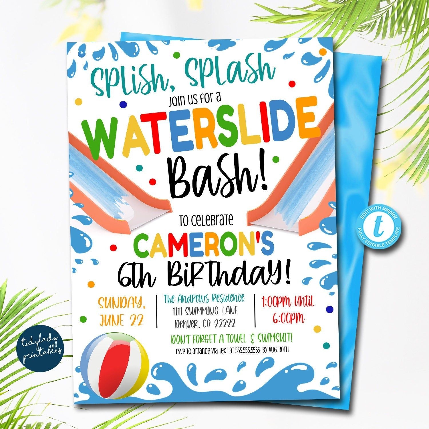 Water Slide Birthday Invitation TidyLady Printables Splash Party