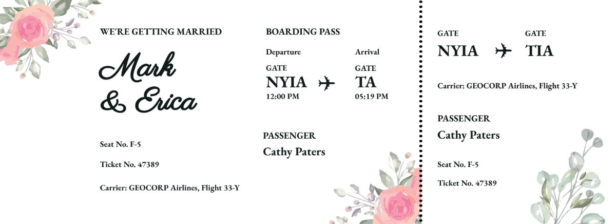 Wedding Invitation Airline Ticket Template Edit Online Download